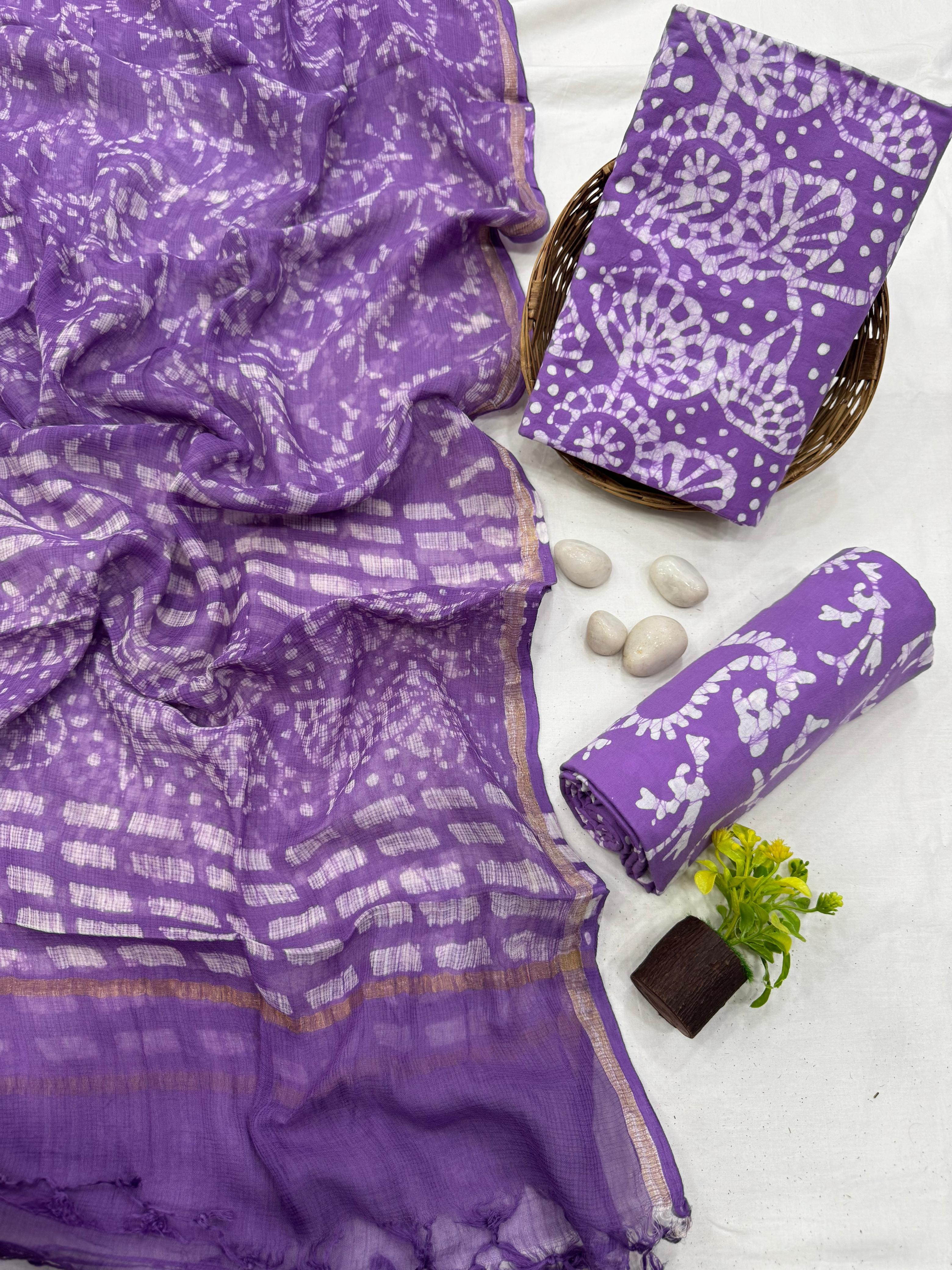 Handblock Printed Cotton Dress Material with Purple Batik Kota Doria Dupatta – Lightweight fabric for boutiques, designers & wholesale buyers